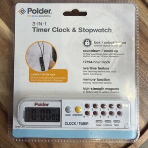 Polder 3-IN-1 Timer Clock & Stopwatch 898-90 Multi Function Tool w/ Lanyard NEW